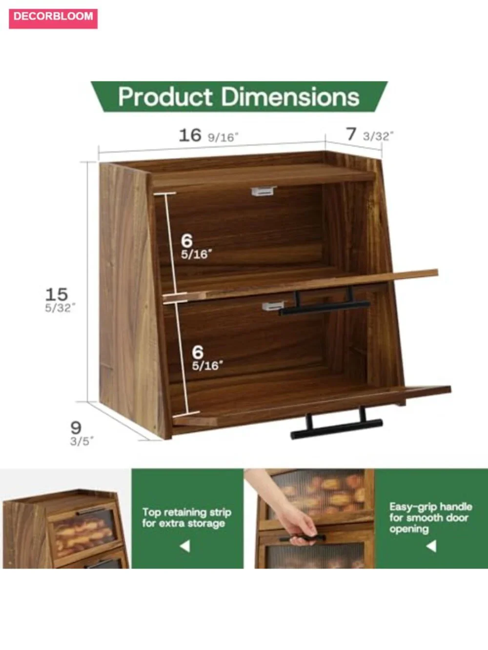 Large Acacia Wood Bread Box with Wavy Acrylic Door, 2-Tier Storage for Kitchen